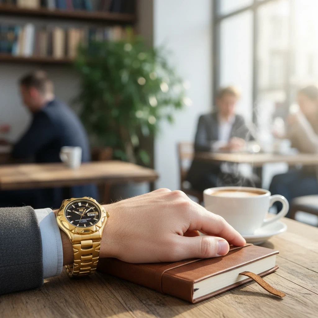 Digi Bear Seiko 5 automatic watch with a gold-tone stainless steel case and bracelet, worn on a wrist in a cafe.