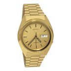 Digi Bear Seiko 5 SNXL72K1 automatic watch in gold-tone stainless steel with a matching link bracelet and dial.