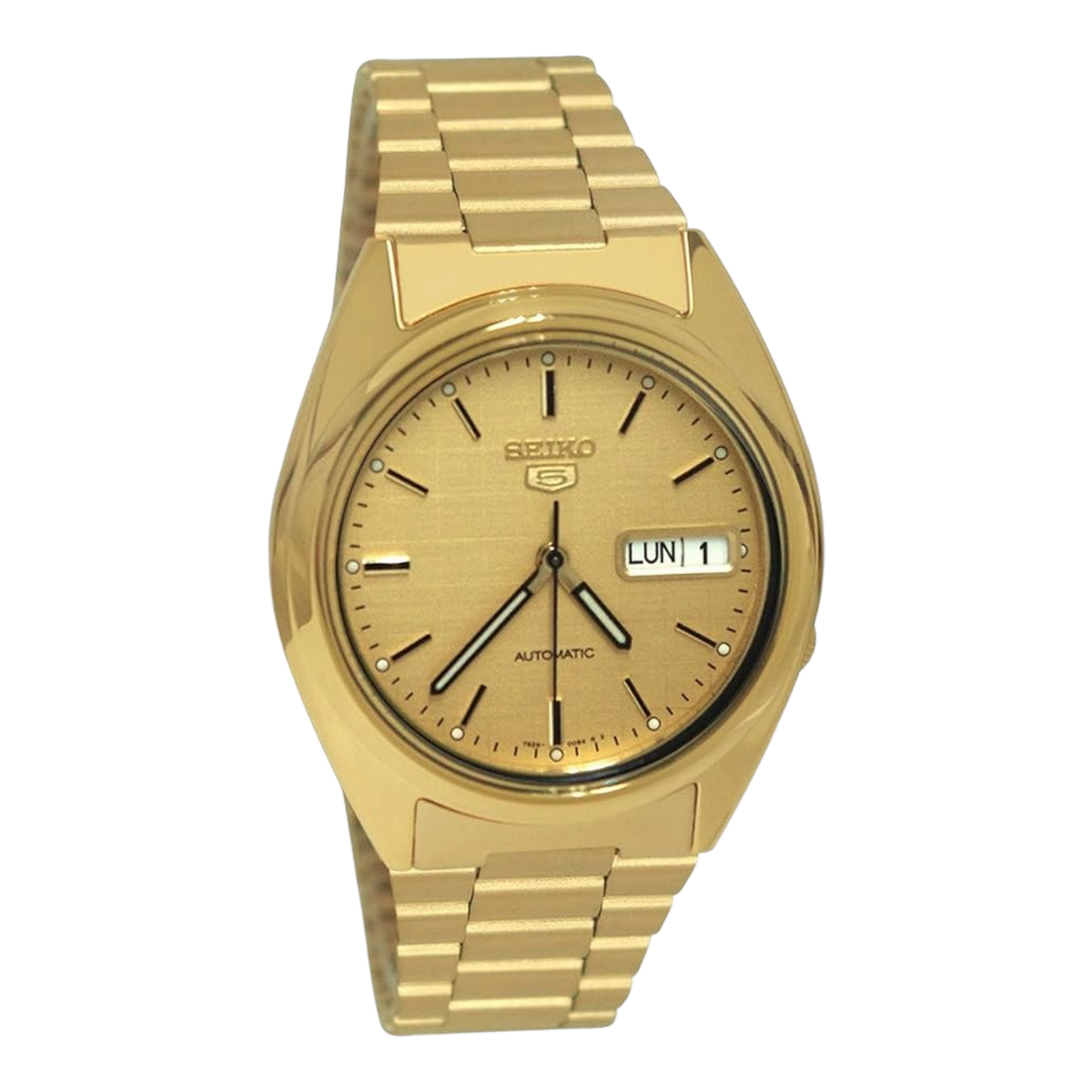 Digi Bear Seiko 5 SNXL72K1 automatic watch in gold-tone stainless steel with a matching link bracelet and dial.
