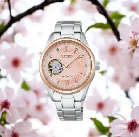 Digi Bear Seiko HFB012J JDM automatic watch with a pink floral dial, rose gold bezel, and stainless steel bracelet.