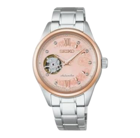 Digi Bear Seiko HFB012J JDM automatic watch with a pink floral dial, rose gold bezel, and silver stainless steel band