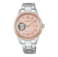 Digi Bear Seiko HFB012J JDM automatic watch with a pink floral dial, rose gold bezel, and silver stainless steel band