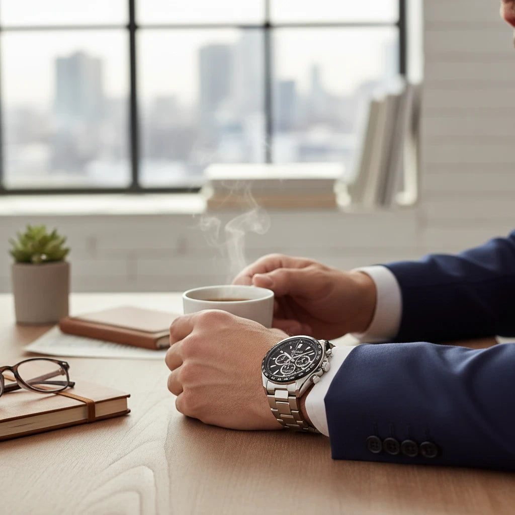 Digi Bear Seiko SBPY185 solar chronograph watch with stainless steel band worn by a man in a suit holding coffee