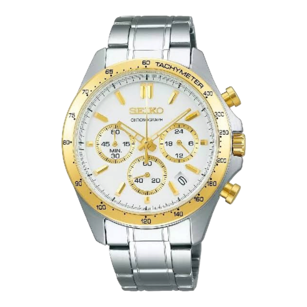Digi Bear Seiko SBTR024 chronograph watch with a white dial, gold bezel, and two-tone stainless steel bracelet.