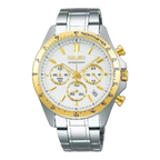 Digi Bear Seiko SBTR024 chronograph watch with a white dial, gold bezel, and two-tone stainless steel bracelet.