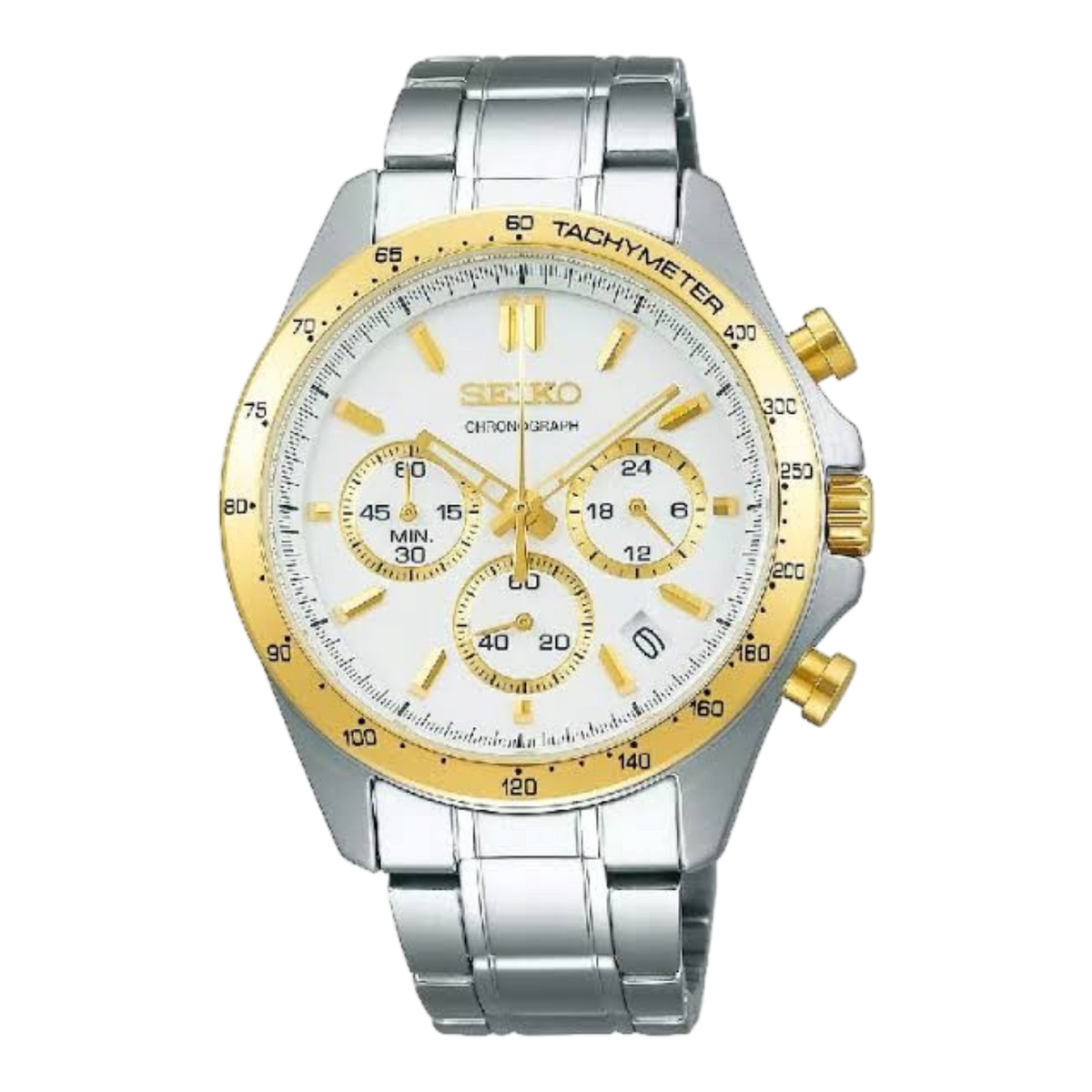 Digi Bear Seiko SBTR024 chronograph watch with a white dial, gold bezel, and two-tone stainless steel bracelet.