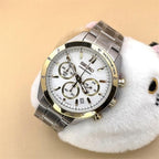 Digi Bear Seiko SBTR024 chronograph watch with a white dial, gold-tone bezel, and stainless steel bracelet.