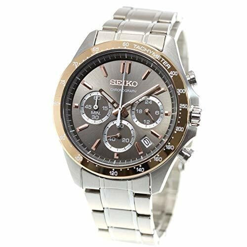 Digi Bear Seiko SBTR026 chronograph watch with a grey dial, stainless steel band, and rose gold-tone bezel.
