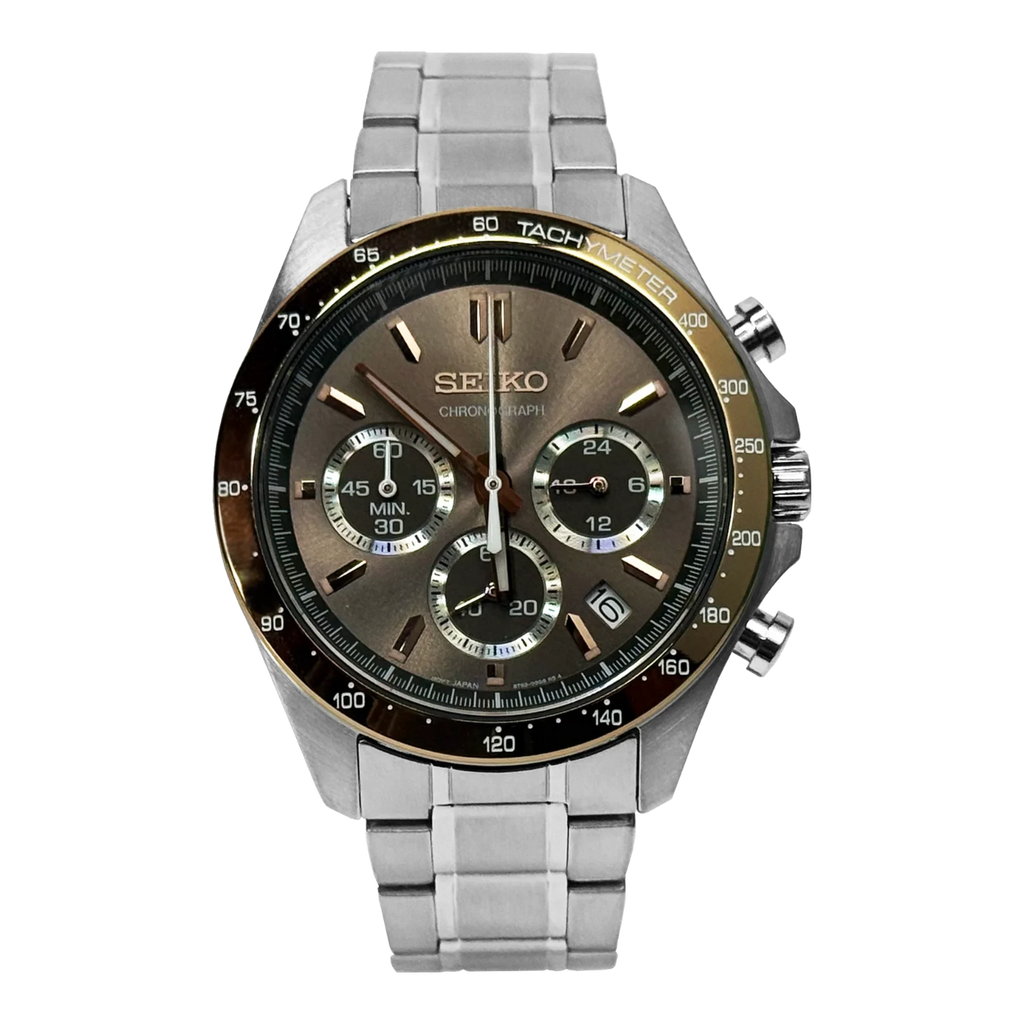 Digi Bear Seiko SBTR026 chronograph watch with a brown sunray dial, gold-tone bezel, and stainless steel bracelet.