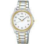 Digi Bear Seiko SCXA028 classic watch with a white dial, gold-tone bezel, and two-tone stainless steel bracelet.