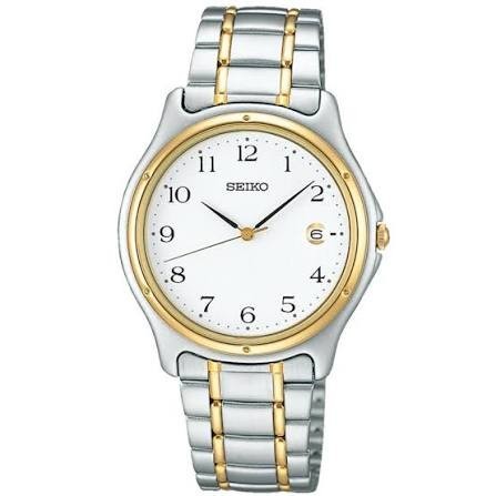 Digi Bear Seiko SCXA028 classic watch with a white dial, gold-tone bezel, and two-tone stainless steel bracelet.