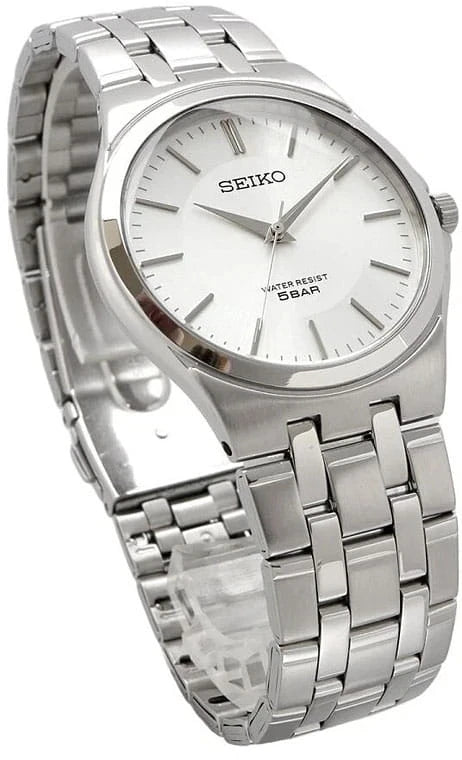 Digi Bear Seiko SCXP021 classic watch with a silver stainless steel band and a clean white dial