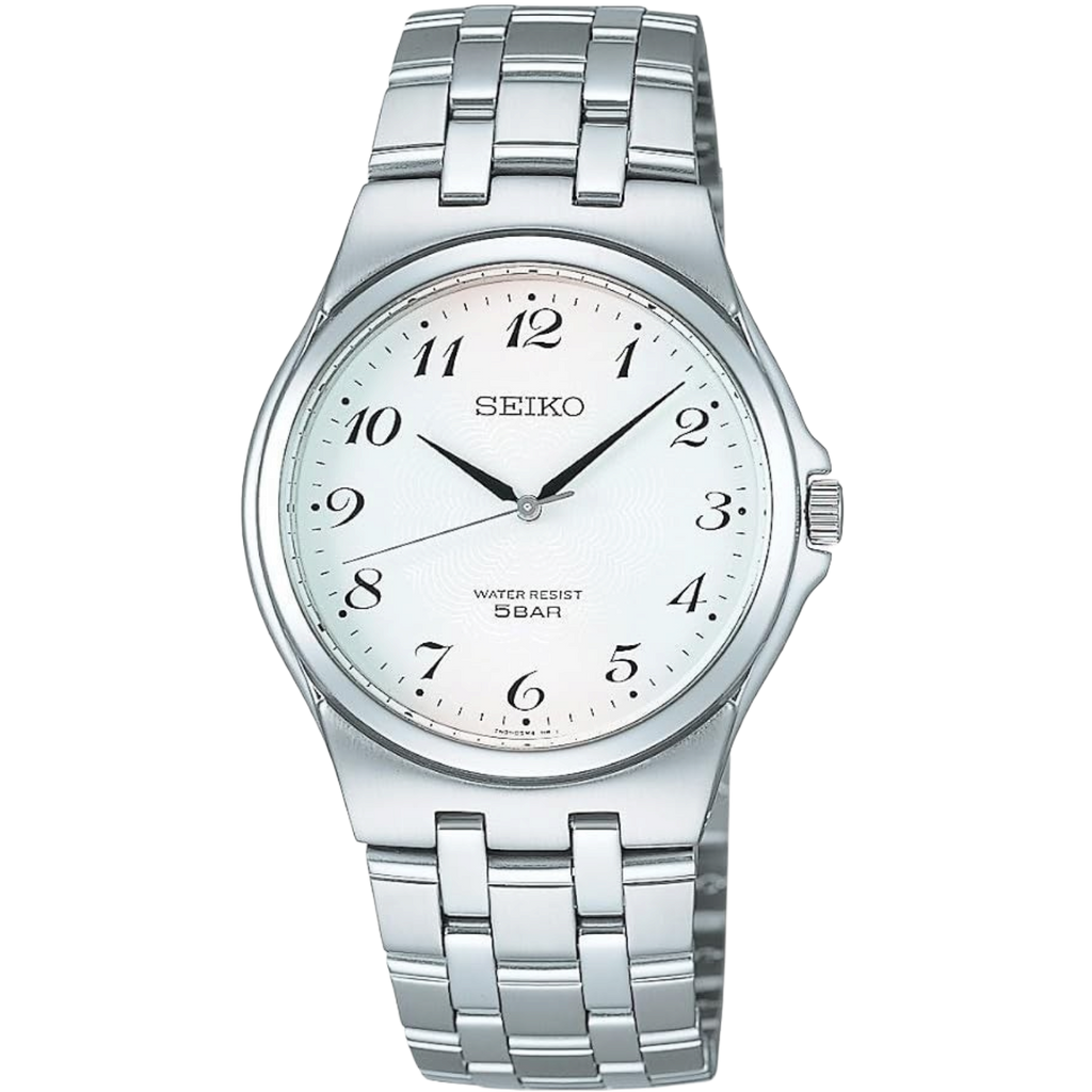 Digi Bear Seiko SCXP027 classic watch with a white dial, black Arabic numerals, and a silver stainless steel band.
