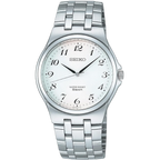 Digi Bear Seiko SCXP027 classic watch with a white dial, black Arabic numerals, and a silver stainless steel band.