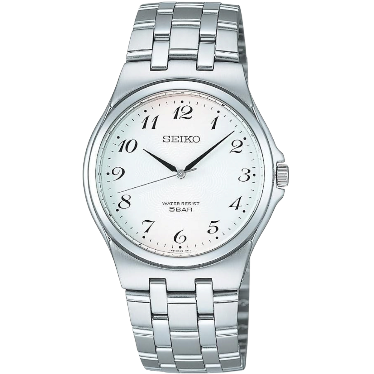 Digi Bear Seiko SCXP027 classic watch with a white dial, black Arabic numerals, and a silver stainless steel band.