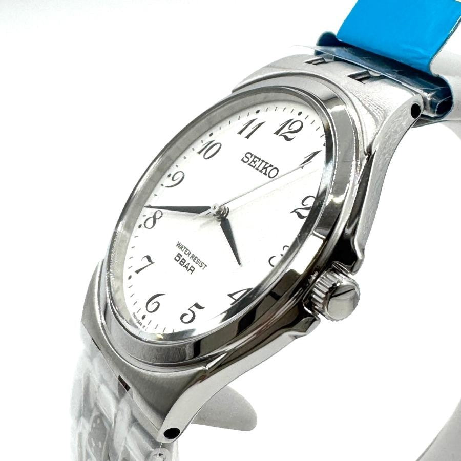 Digi Bear Seiko SCXP027 classic watch with a white dial, black Arabic numerals, and a polished silver steel case.