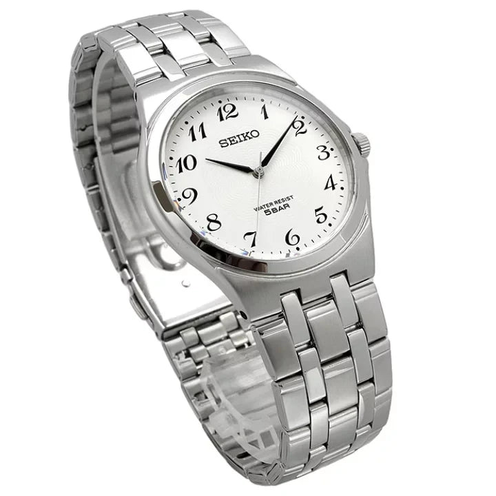 Digi Bear Seiko SCXP027 classic watch with a white dial, black Arabic numerals, and a stainless steel bracelet.