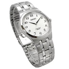Digi Bear Seiko SCXP027 classic watch with a white dial, black Arabic numerals, and a stainless steel bracelet.