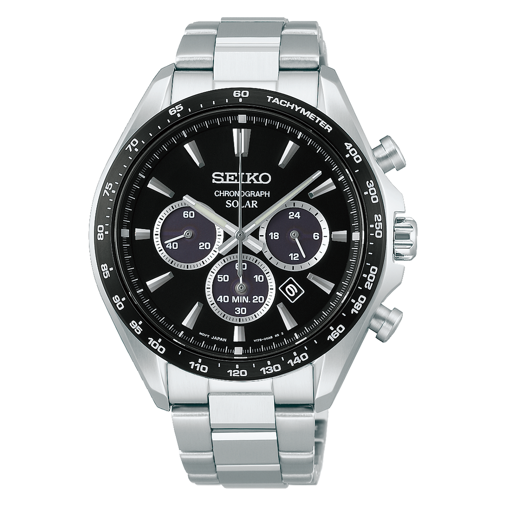 Digi Bear Seiko SBPY185 solar chronograph watch with a black dial, stainless steel case, and tachymeter bezel.