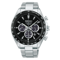 Digi Bear Seiko SBPY185 solar chronograph watch with a black dial, stainless steel case, and tachymeter bezel.