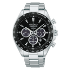 Digi Bear Seiko SBPY185 solar chronograph watch with a black dial, stainless steel case, and tachymeter bezel.