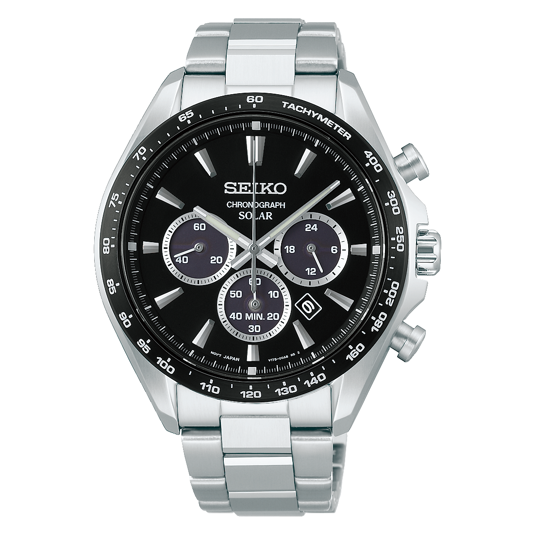 Digi Bear Seiko SBPY185 solar chronograph watch with a black dial, stainless steel case, and tachymeter bezel.