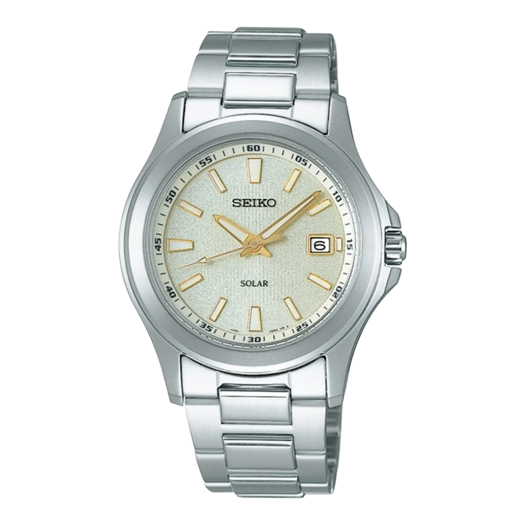 Digi Bear Seiko SBPN069 solar watch with a silver stainless steel band and textured champagne dial