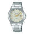 Digi Bear Seiko SBPN069 solar watch with a silver stainless steel band and textured champagne dial