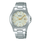 Digi Bear Seiko SBPN069 solar watch with a silver stainless steel band and textured champagne dial