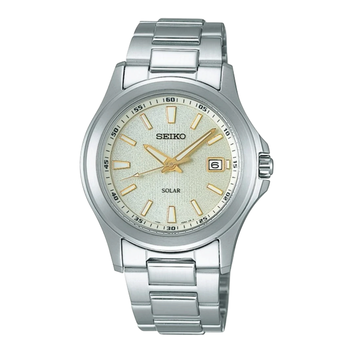 Digi Bear Seiko SBPN069 solar watch with a silver stainless steel band and textured champagne dial