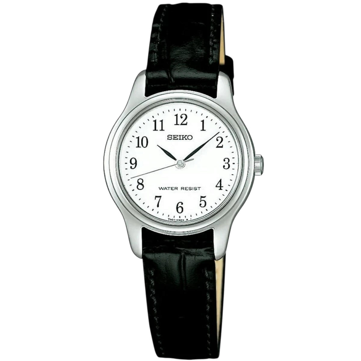 Digi Bear Seiko SSXP001 classic watch with a white dial, black Arabic numerals, and a black leather strap.