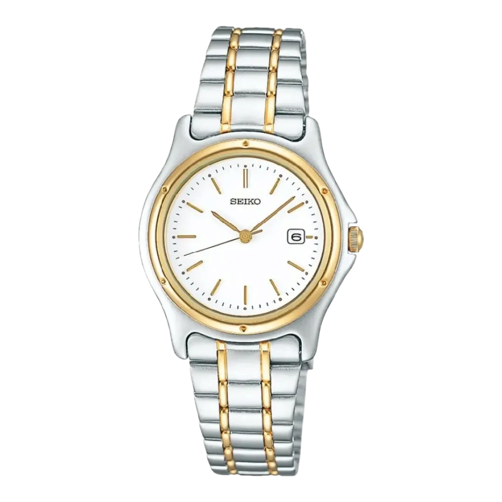 Digi Bear Seiko SSXV026 classic watch with two-tone silver and gold stainless steel band and white dial