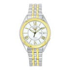 Digi Bear Seiko 5 automatic watch with a white dial, gold Roman numerals, and a two-tone silver and gold bracelet.