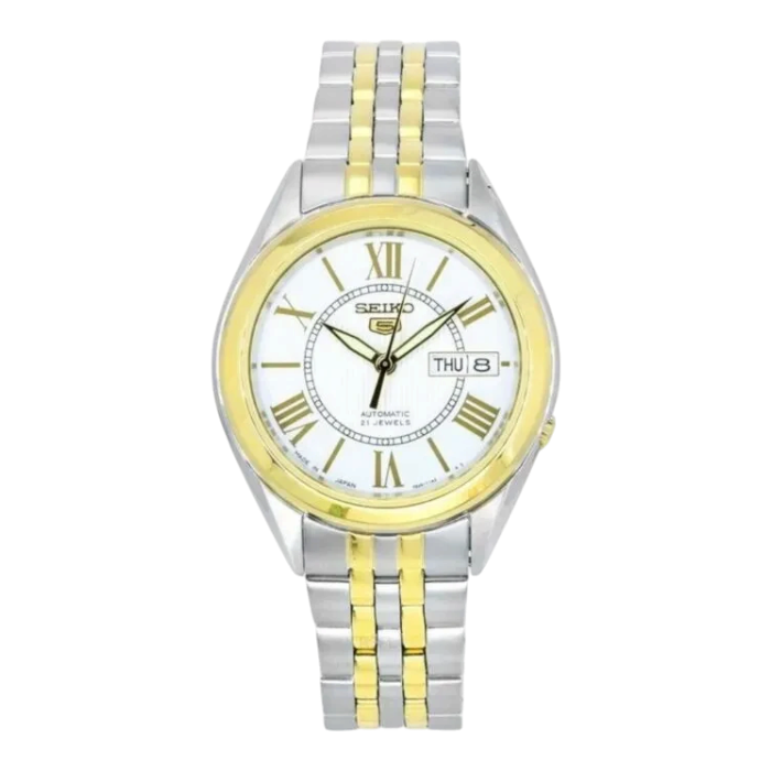 Digi Bear Seiko 5 automatic watch with a white dial, gold Roman numerals, and a two-tone silver and gold bracelet.