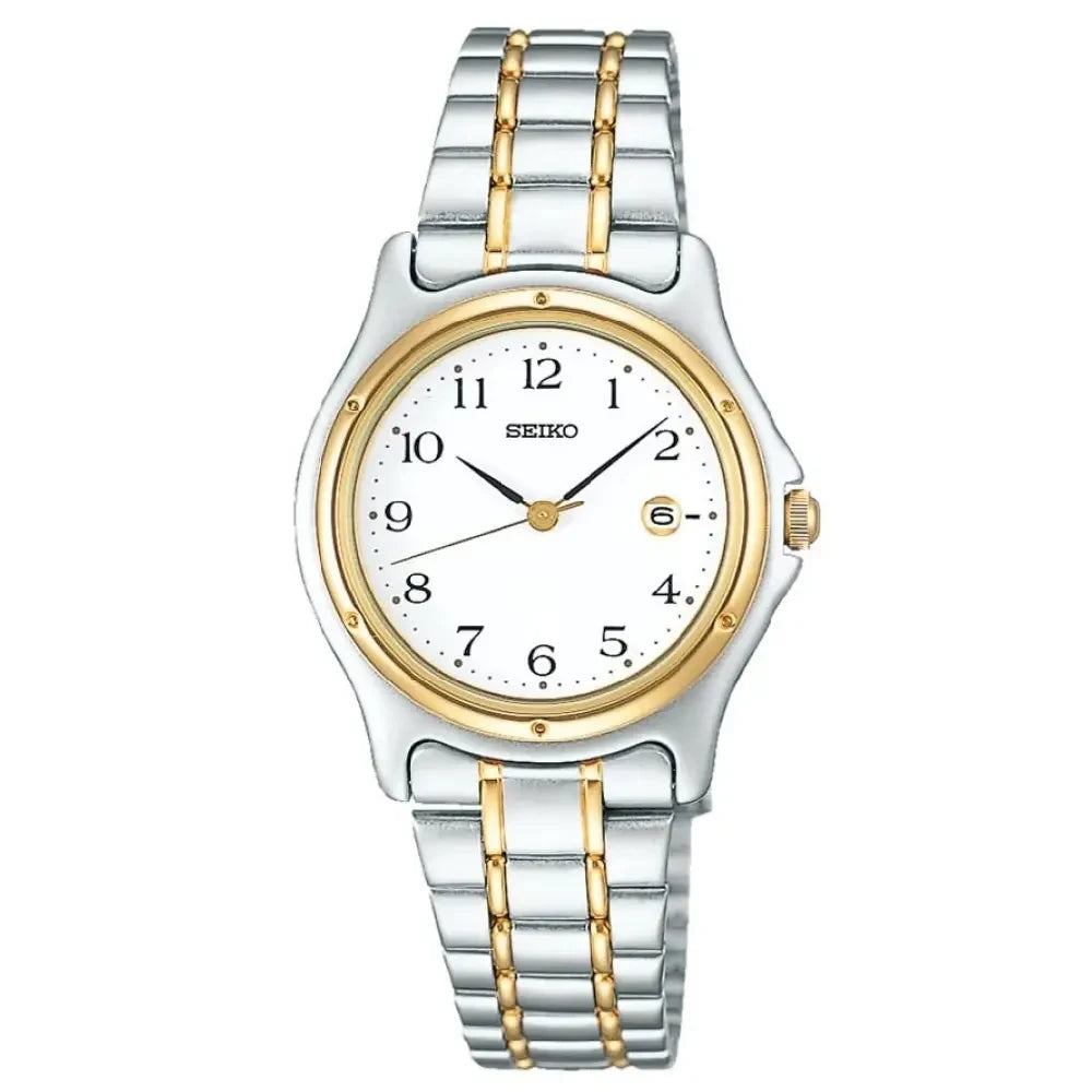 Digi Bear Seiko SSXV028 classic watch with a two-tone silver and gold stainless steel band and white dial