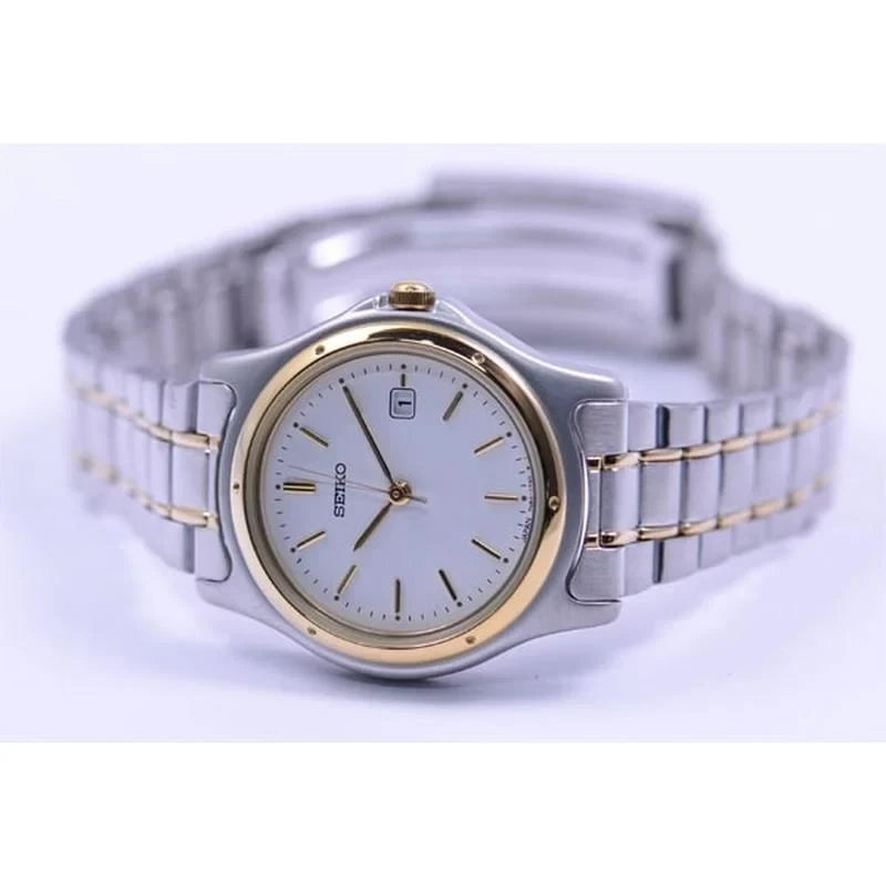 Digi Bear Seiko SSXV026 classic watch with a two-tone silver and gold stainless steel band and white dial