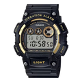 Digi Bear Casio W-735H-1A2VDF digital watch in black with gold accents, featuring a vibration alarm and LED light.