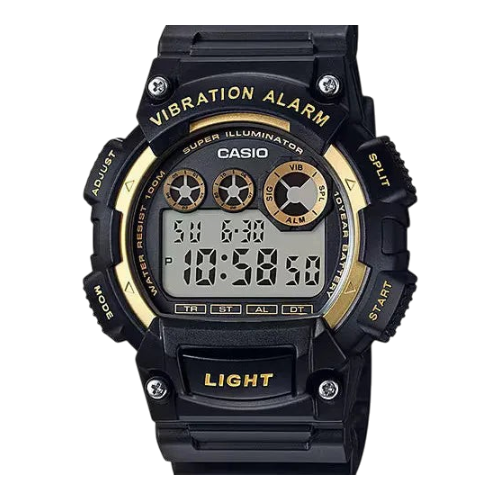 Digi Bear Casio W-735H-1A2VDF digital watch in black with gold accents, featuring a vibration alarm and LED light.